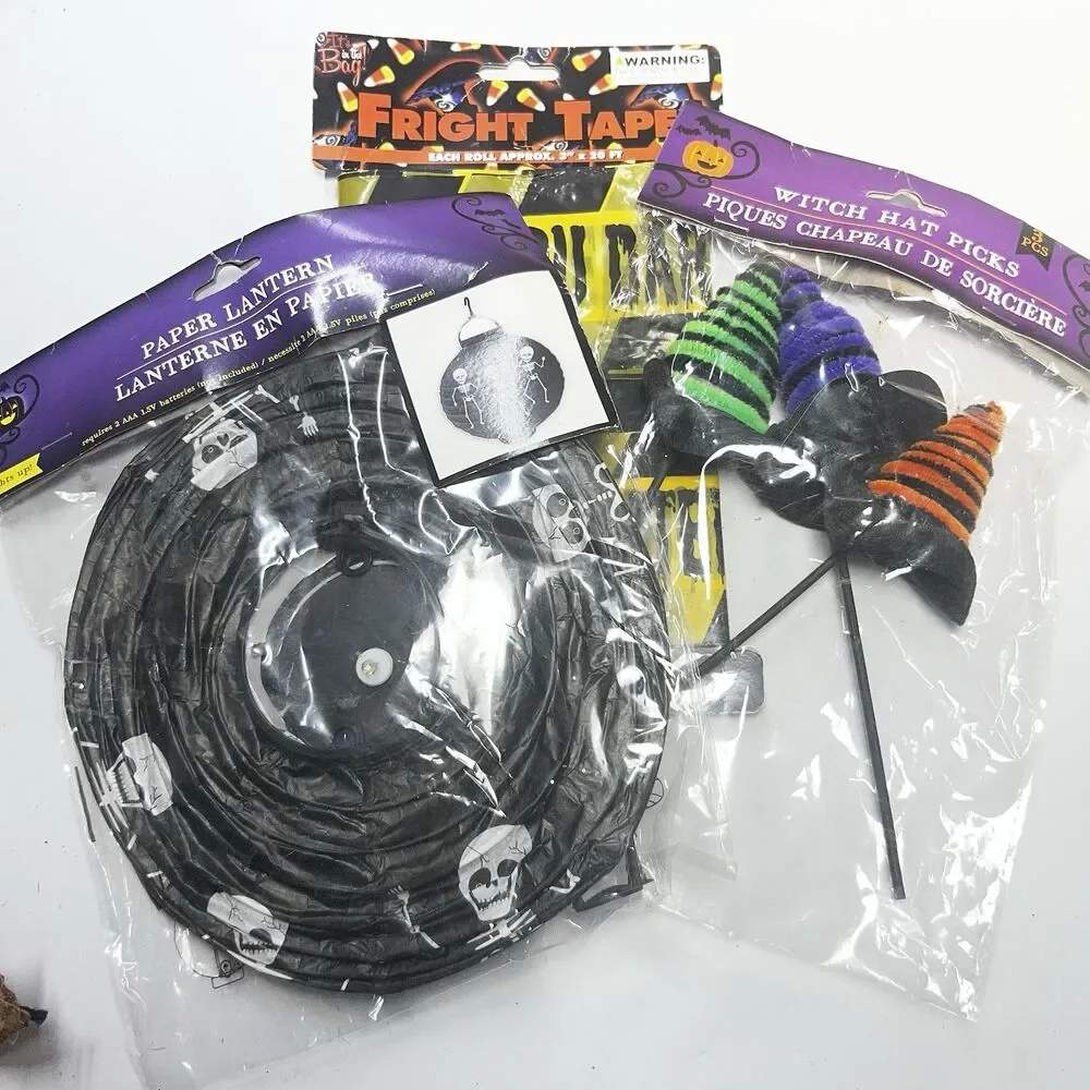 Lot of 3 Halloween Party Decor Skeleton Lantern, Fright Tape, Witch Hat Picks